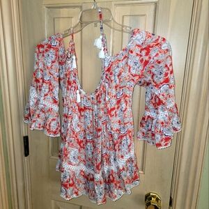 Misses sz L Forever 21 Cold Shoulder bright pattern Shirt Fluttery Sleeves